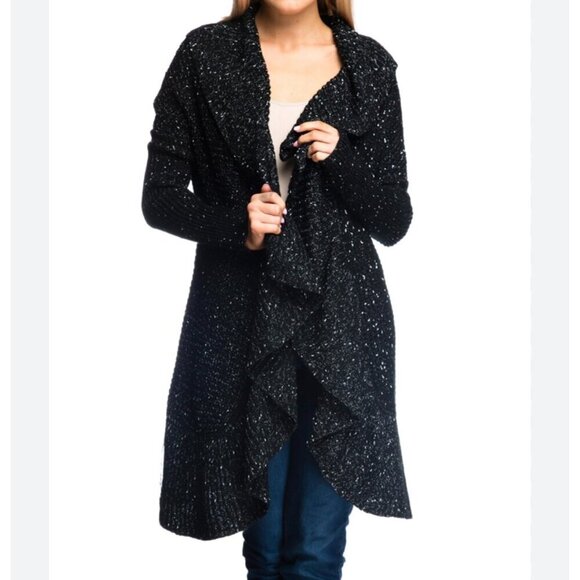 Soft Surroundings Sweaters - Y Soft Surroundings Black Glitter Winter Ruffle Open Cardigan Sweater